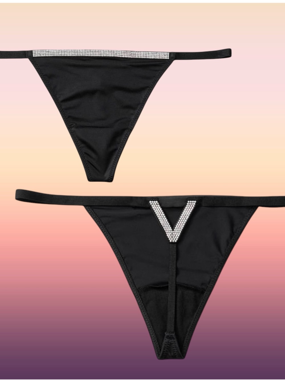 Victoria’s Secret Black Satin Rhinestone V-String size M